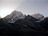 To Gokyo 3-3 Cholatse And Taweche From Machhermo The early morning sun comes up over Cholatse and Taweche, seen from just beyond Macchermo on the way to Gokyo.